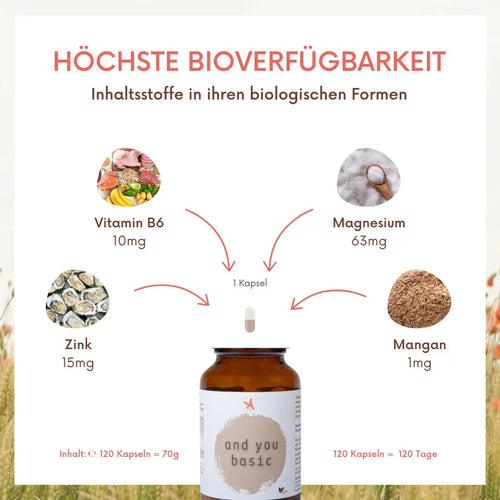 and you basic - 120 Kapseln - Vitamin B6, Zink, Mangan und Magnesium