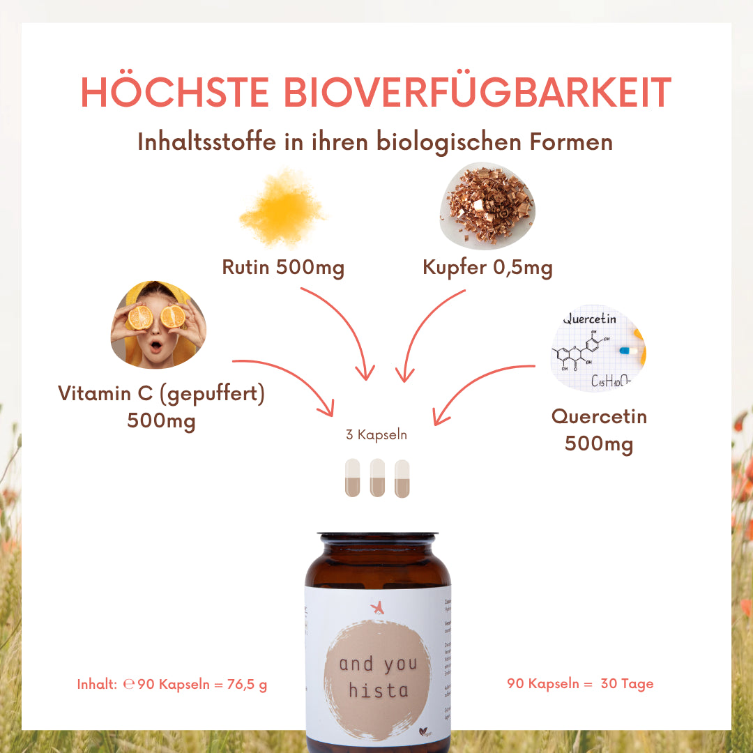 and you hista - 90 Kapseln - mit gepuffertem Vitamin C, Quercetin, Rutin und Kupfergluconat