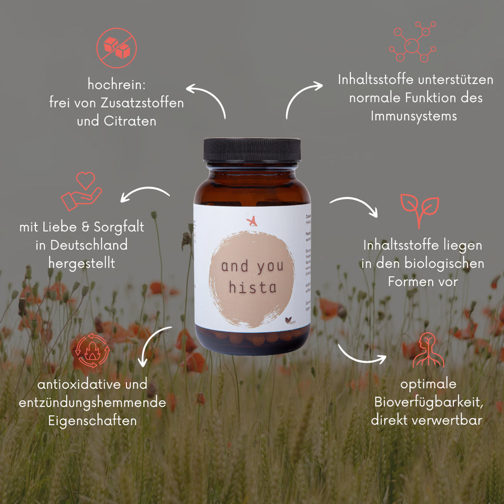 and you hista - 90 Kapseln - mit gepuffertem Vitamin C, Quercetin, Rutin und Kupfergluconat