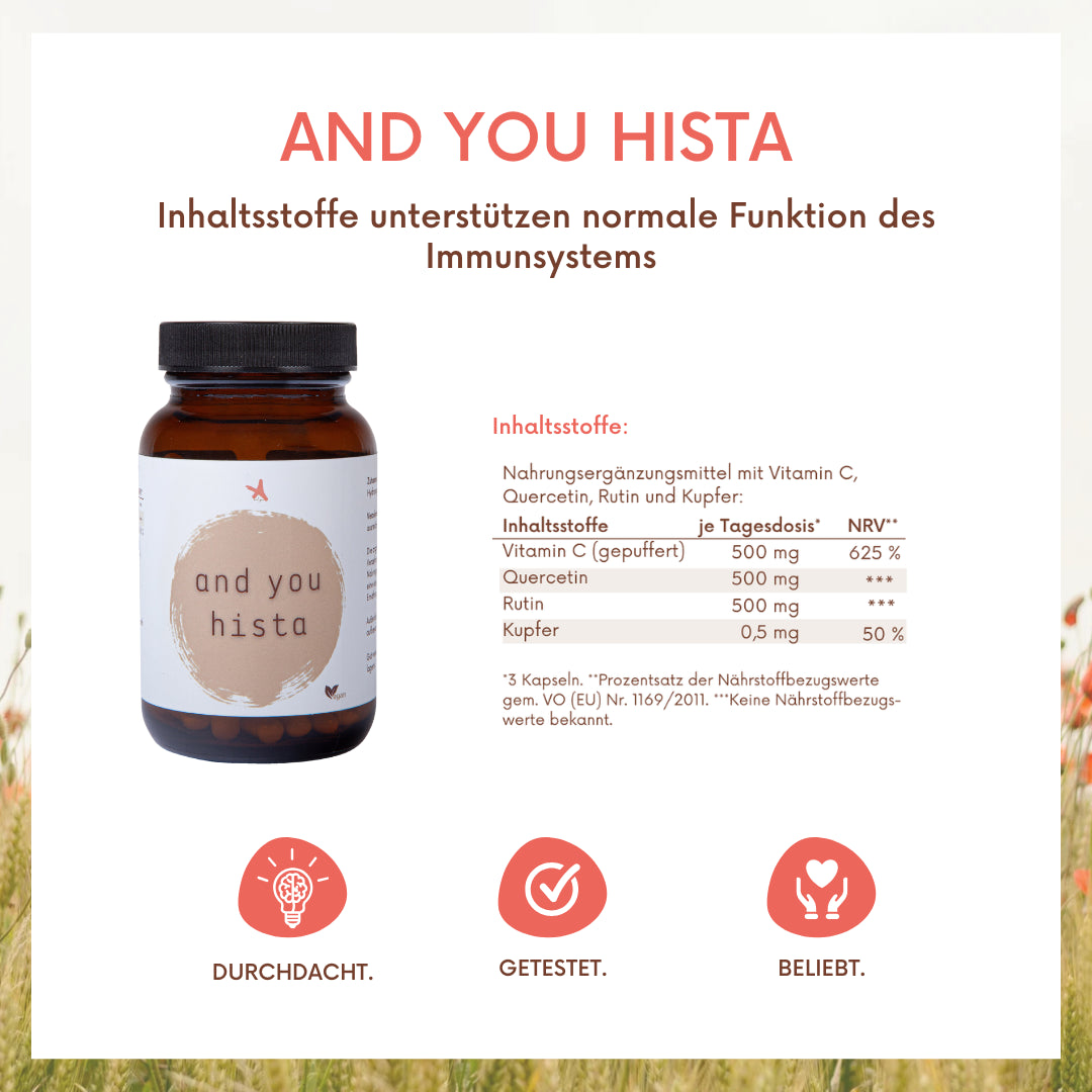 and you hista - 90 Kapseln - mit gepuffertem Vitamin C, Quercetin, Rutin und Kupfergluconat
