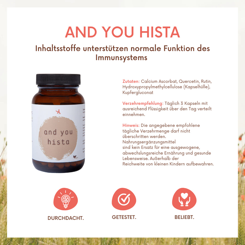 and you hista - 90 Kapseln - mit gepuffertem Vitamin C, Quercetin, Rutin und Kupfergluconat