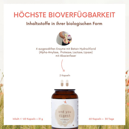 and you digest mit Betain HCL - Verdauungsenzyme - 60 Kapseln