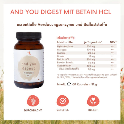 and you digest mit Betain HCL - Verdauungsenzyme - 60 Kapseln