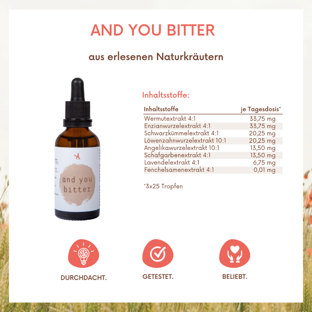 and you bitter - 8-Kräuter Bittermischung 100 ml Ohne Alkohol. Natürlich. Bitter. Kraftvoll.