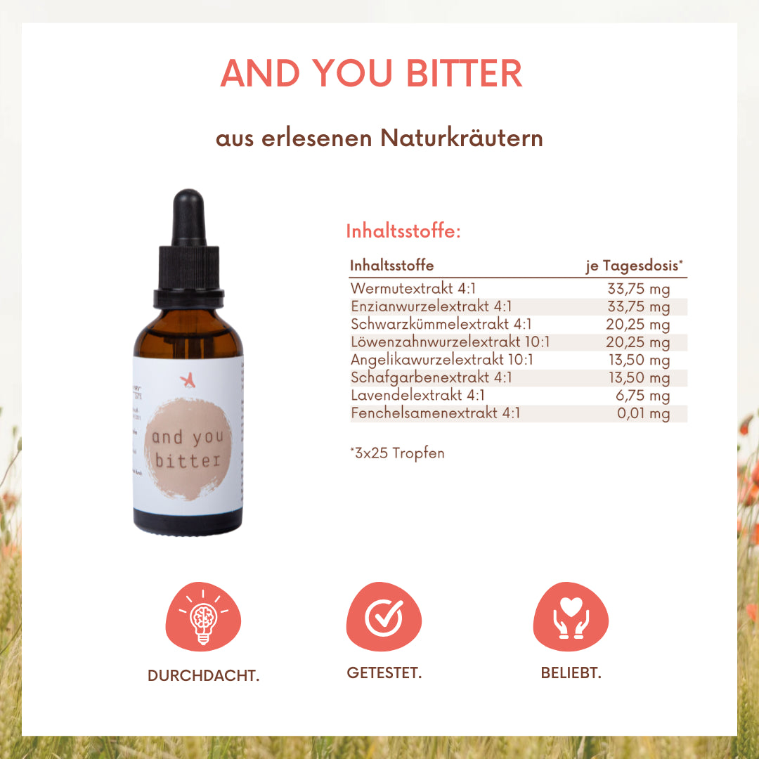 and you bitter - 8-Kräuter Bittermischung 100 ml Ohne Alkohol. Natürlich. Bitter. Kraftvoll.