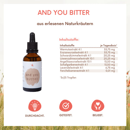 and you bitter - 8-Kräuter Bittermischung 100 ml Ohne Alkohol. Natürlich. Bitter. Kraftvoll.