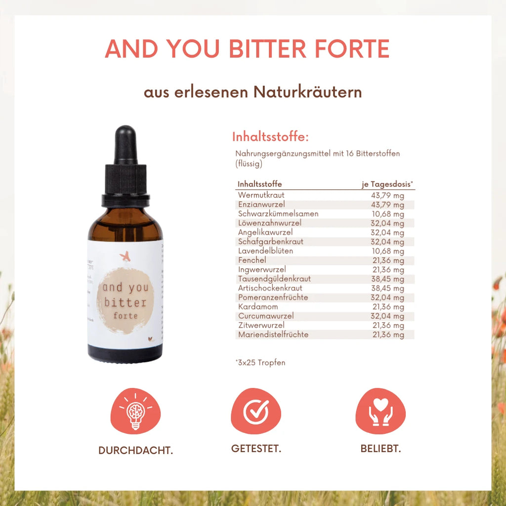 and you bitter forte - 16-Kräuter Bittermischung (50 & 100 ml) Ohne Alkohl. Kraftvolle Bittertropfen