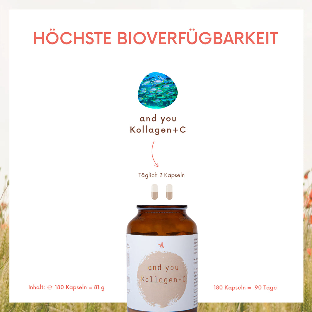 Kollagen Kapseln mit gepuffertem Vitamin C - 180 Kapseln - and you Kollagen+C