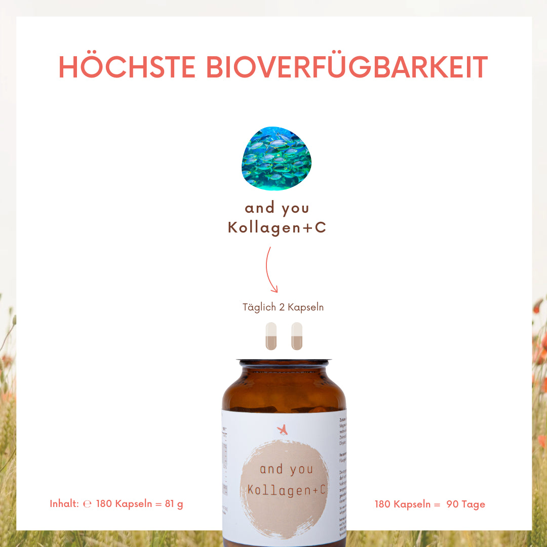 Kollagen Kapseln mit gepuffertem Vitamin C - 180 Kapseln - and you Kollagen+C