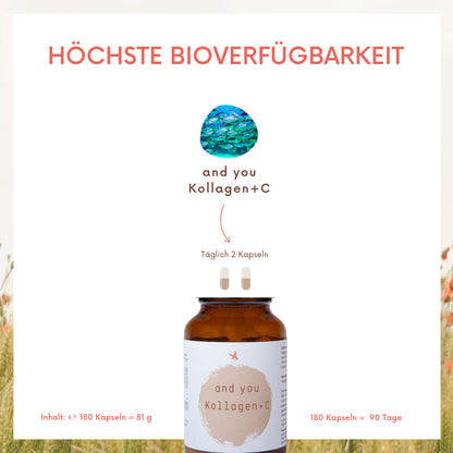 Kollagen Kapseln mit gepuffertem Vitamin C - 180 Kapseln - and you Kollagen+C