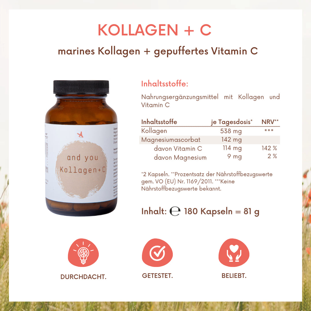 Kollagen Kapseln mit gepuffertem Vitamin C - 180 Kapseln - and you Kollagen+C
