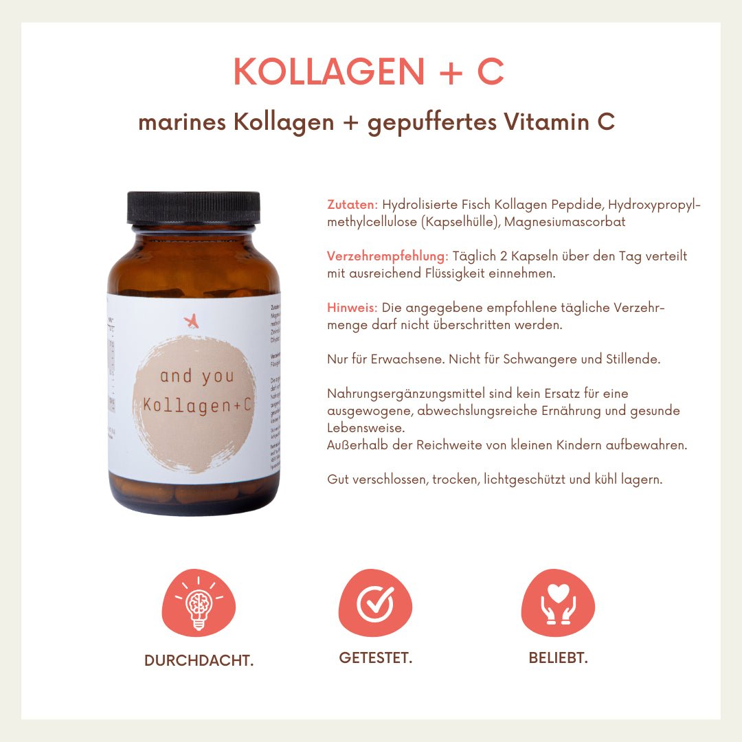Kollagen Kapseln mit gepuffertem Vitamin C - 180 Kapseln - and you Kollagen+C