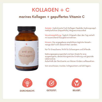 Kollagen Kapseln mit gepuffertem Vitamin C - 180 Kapseln - and you Kollagen+C