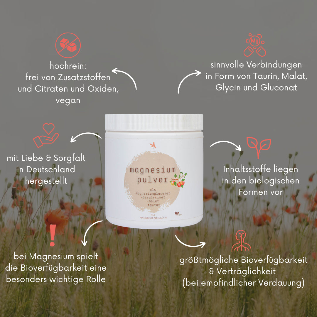Magnesium Pulver - 360 g - als Magnesiumgluconat -bisglycinat, -malat  -taurat