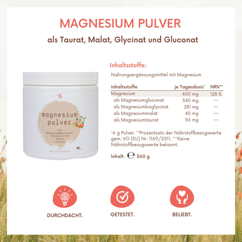 Magnesium Pulver - 360 g - als Magnesiumgluconat -bisglycinat, -malat  -taurat
