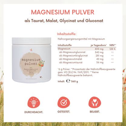 Magnesium Pulver - 360 g - als Magnesiumgluconat -bisglycinat, -malat  -taurat