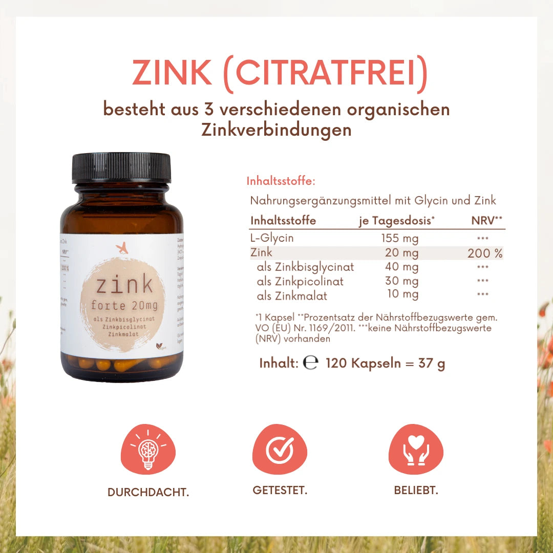 Zink forte (citratfrei) 20mg - 120 Kapseln - hohe Bioverfügbarkeit
