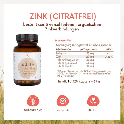Zink forte (citratfrei) 20mg - 120 Kapseln - hohe Bioverfügbarkeit