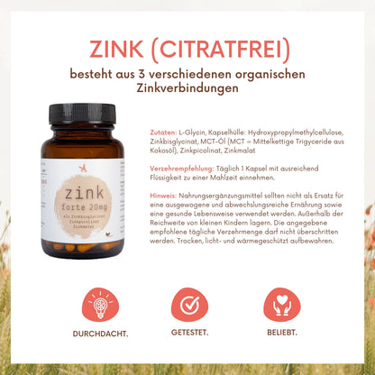 Zink forte (citratfrei) 20mg - 120 Kapseln - hohe Bioverfügbarkeit