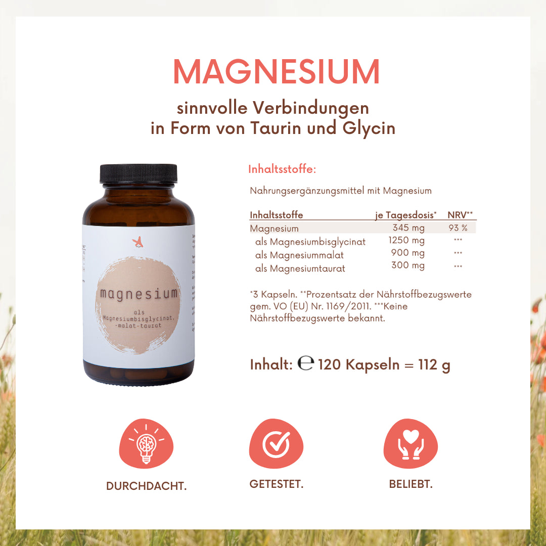 Magnesium als Bisglycinat Malat Taurat  - 120 Kapseln - citratfrei - Dreifach-Komplex