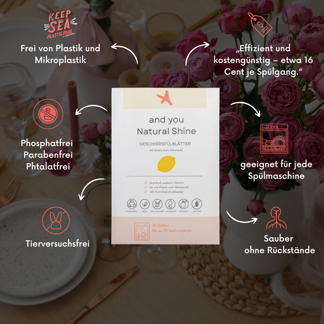 And You Natural Shine Geschirrspülblätter 60 Spülgänge | Umweltfreundlich & plastikfrei