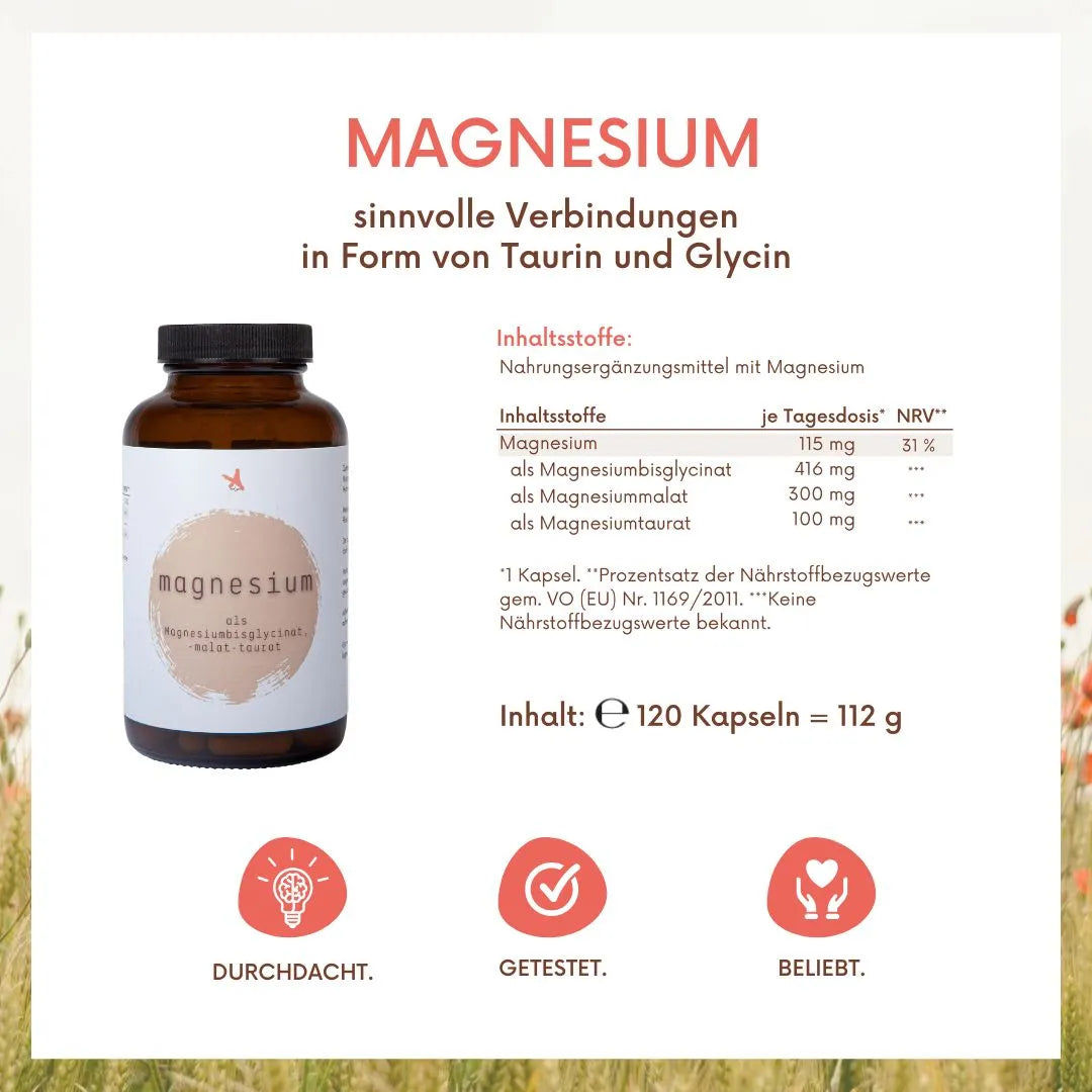 Magnesium als -malat, -taurat, -bisglycinat (citratfrei) - 120 Kapseln