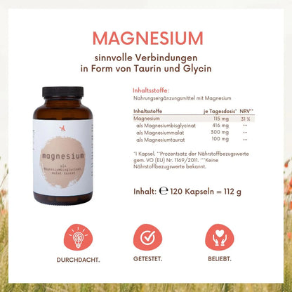 Magnesium als -malat, -taurat, -bisglycinat (citratfrei) - 120 Kapseln