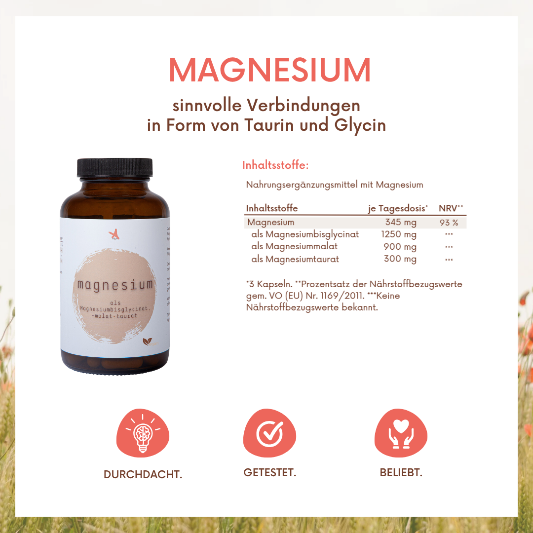 Magnesium als Bisglycinat Malat Taurat  - 120 Kapseln - citratfrei - Dreifach-Komplex