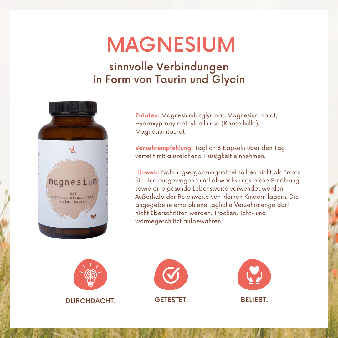 Magnesium als Bisglycinat Malat Taurat  - 120 Kapseln - citratfrei - Dreifach-Komplex