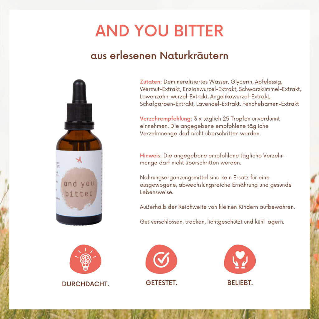 and you bitter - 8-Kräuter Bittermischung 100 ml Ohne Alkohol. Natürlich. Bitter. Kraftvoll.