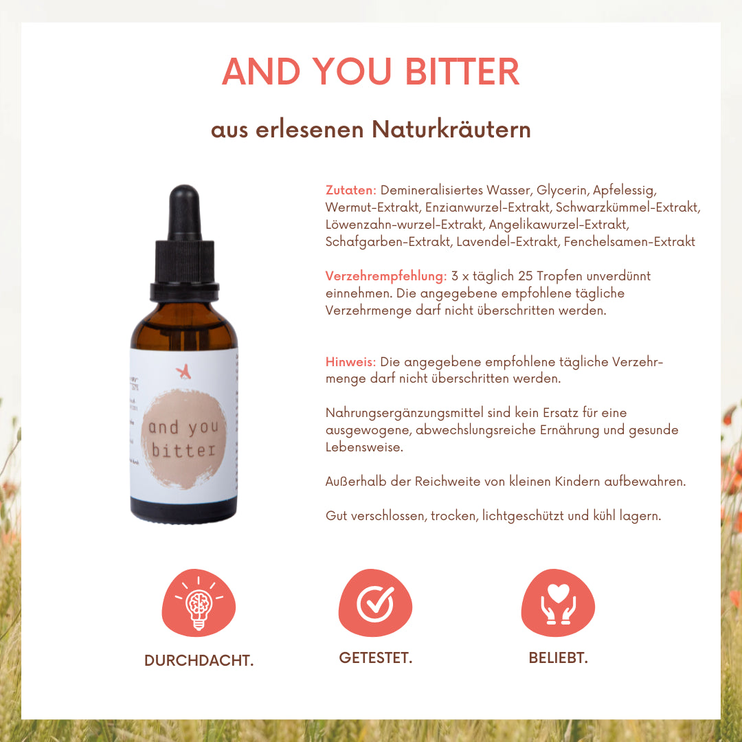 and you bitter - 8-Kräuter Bittermischung 100 ml Ohne Alkohol. Natürlich. Bitter. Kraftvoll.