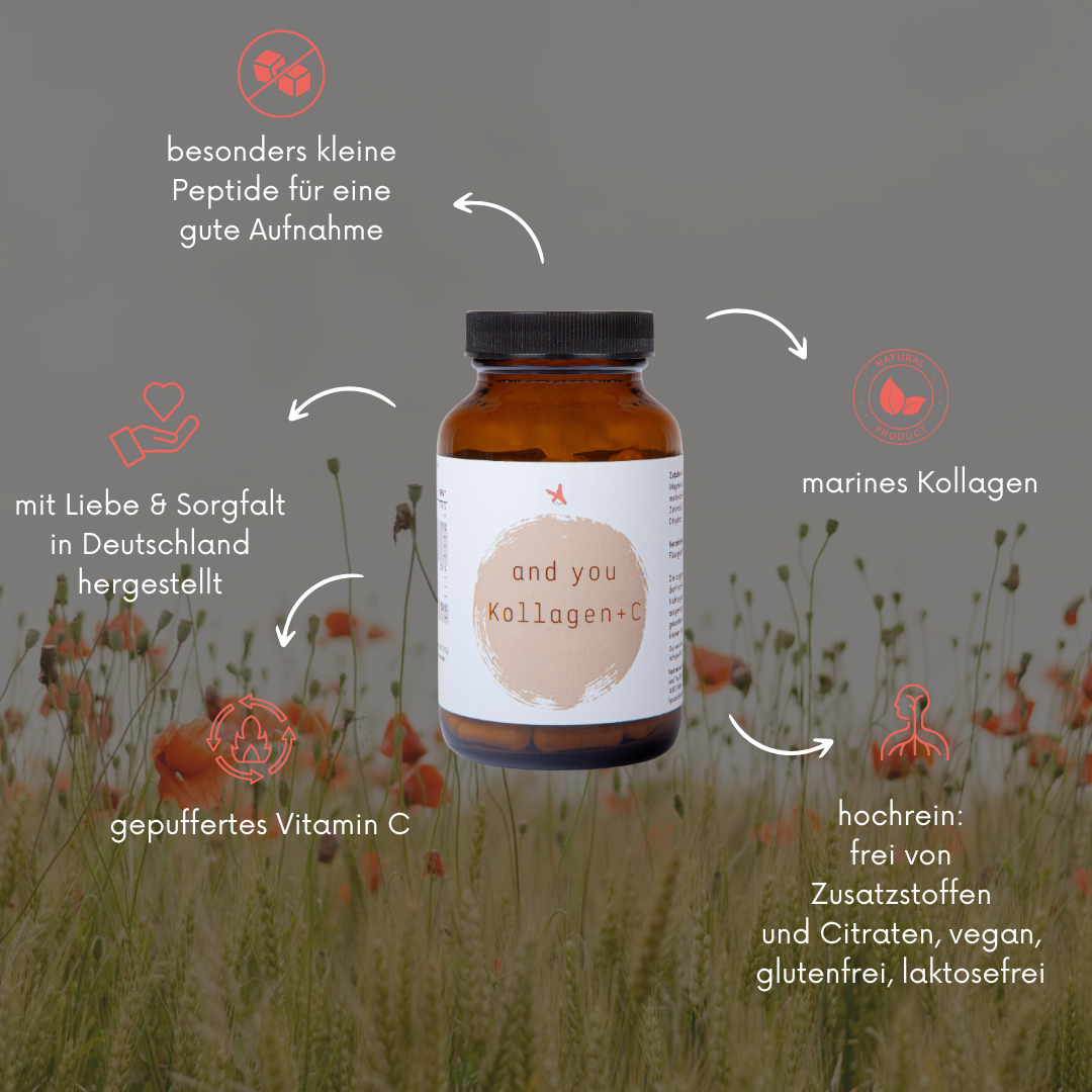 Kollagen Kapseln mit gepuffertem Vitamin C - 180 Kapseln - and you Kollagen+C