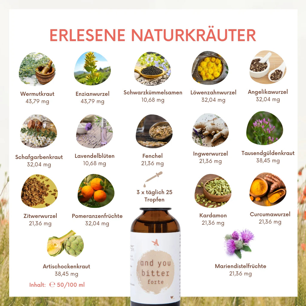 and you bitter forte - 16-Kräuter Bittermischung (50 & 100 ml) Ohne Alkohl. Kraftvolle Bittertropfen