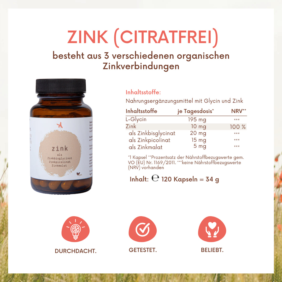 Zink (citratfrei) 10mg - 120 Kapseln - hohe Bioverfügbarkeit