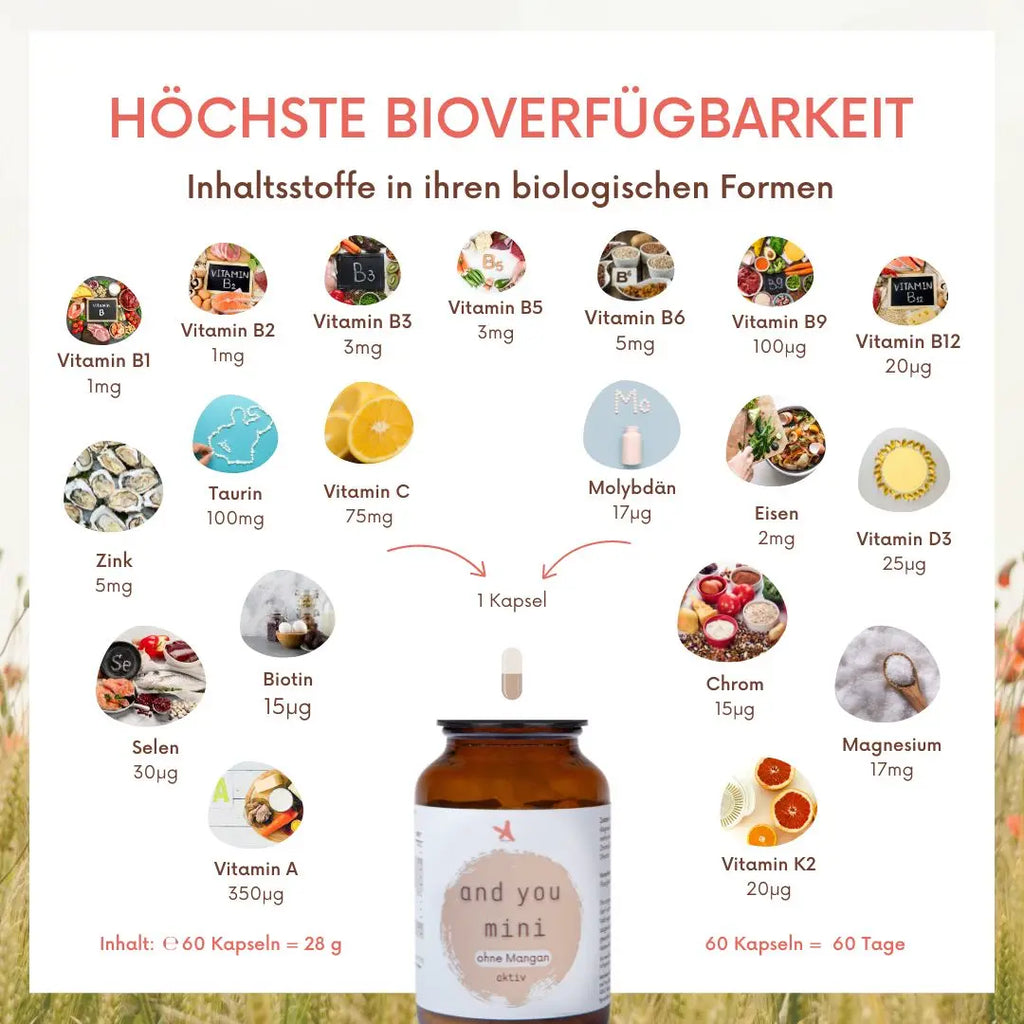 and you mini ohne Mangan aktiv 90 Kapseln mit Vitaminen & Mineralstoffen - Multivitamin Kinder