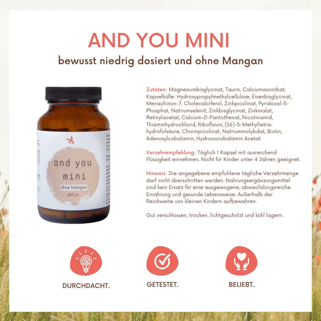 and you mini ohne Mangan aktiv 90 Kapseln mit Vitaminen & Mineralstoffen - Multivitamin Kinder