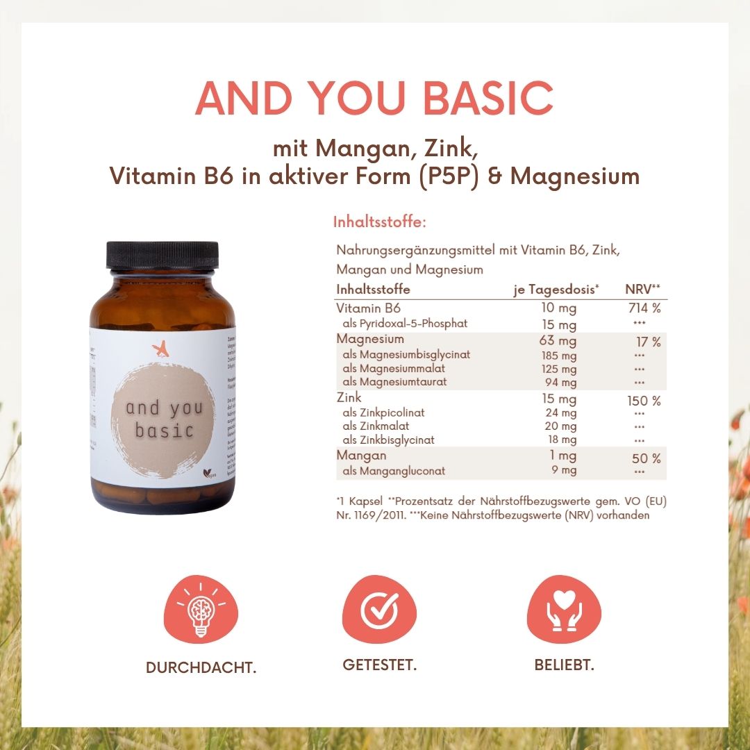 and you basic - 120 Kapseln - Vitamin B6, Zink, Mangan und Magnesium