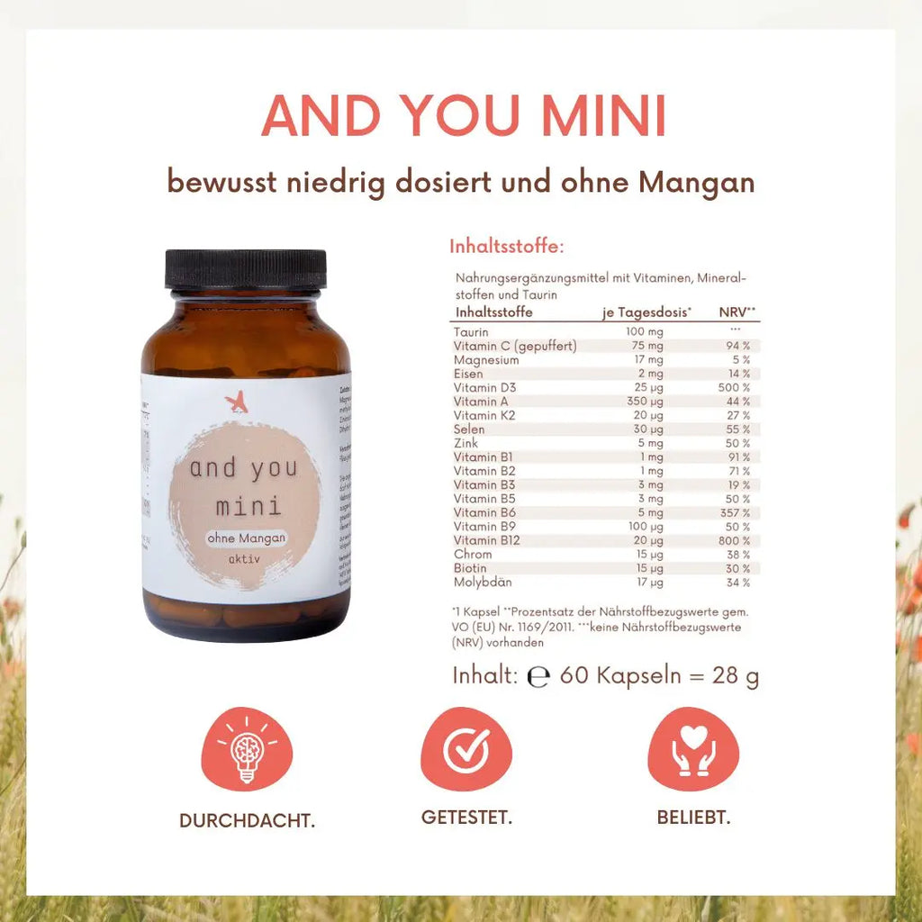 and you mini ohne Mangan aktiv 90 Kapseln mit Vitaminen & Mineralstoffen - Multivitamin Kinder